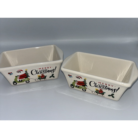 Mini Loaf Pans Set of 2 Holiday Merry Christmas Stoneware Baking Dishes Unused - Picture 1 of 8